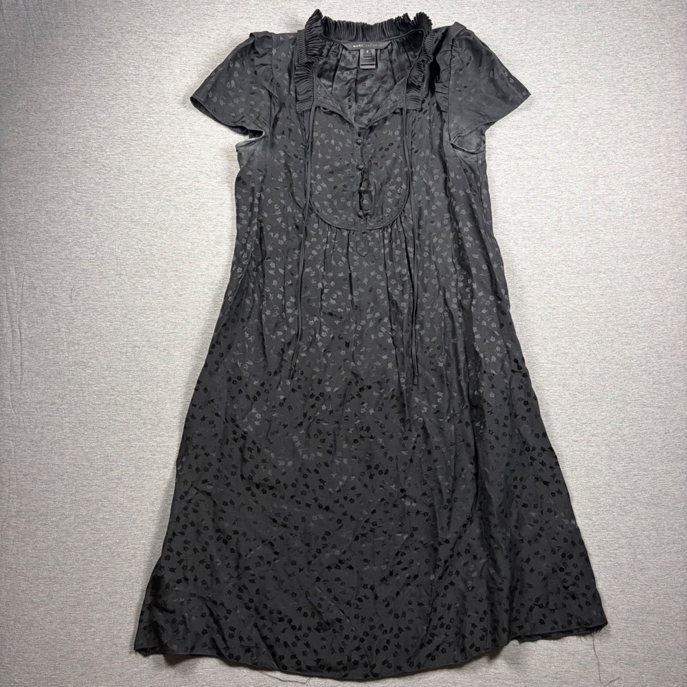 Marc Jacobs Silk Rayon Floral Jacquard Ruffle Dress 2 Black Goth Coquette